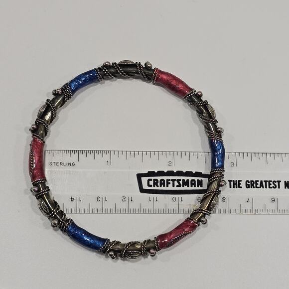 Vintage Boho Ornate Pink Blue Enamel Silver Wire Wrapped Bangle Bracelet - Picture 3 of 14